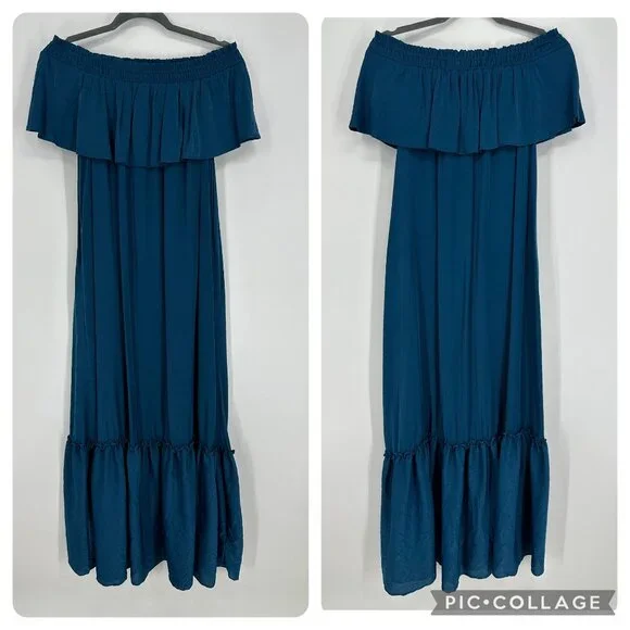 3/$25 LOFT Beach Maxi Dress S Off Shoulder Tiered Silky Flowy Ruffle Teal Long - Picture 2 of 8